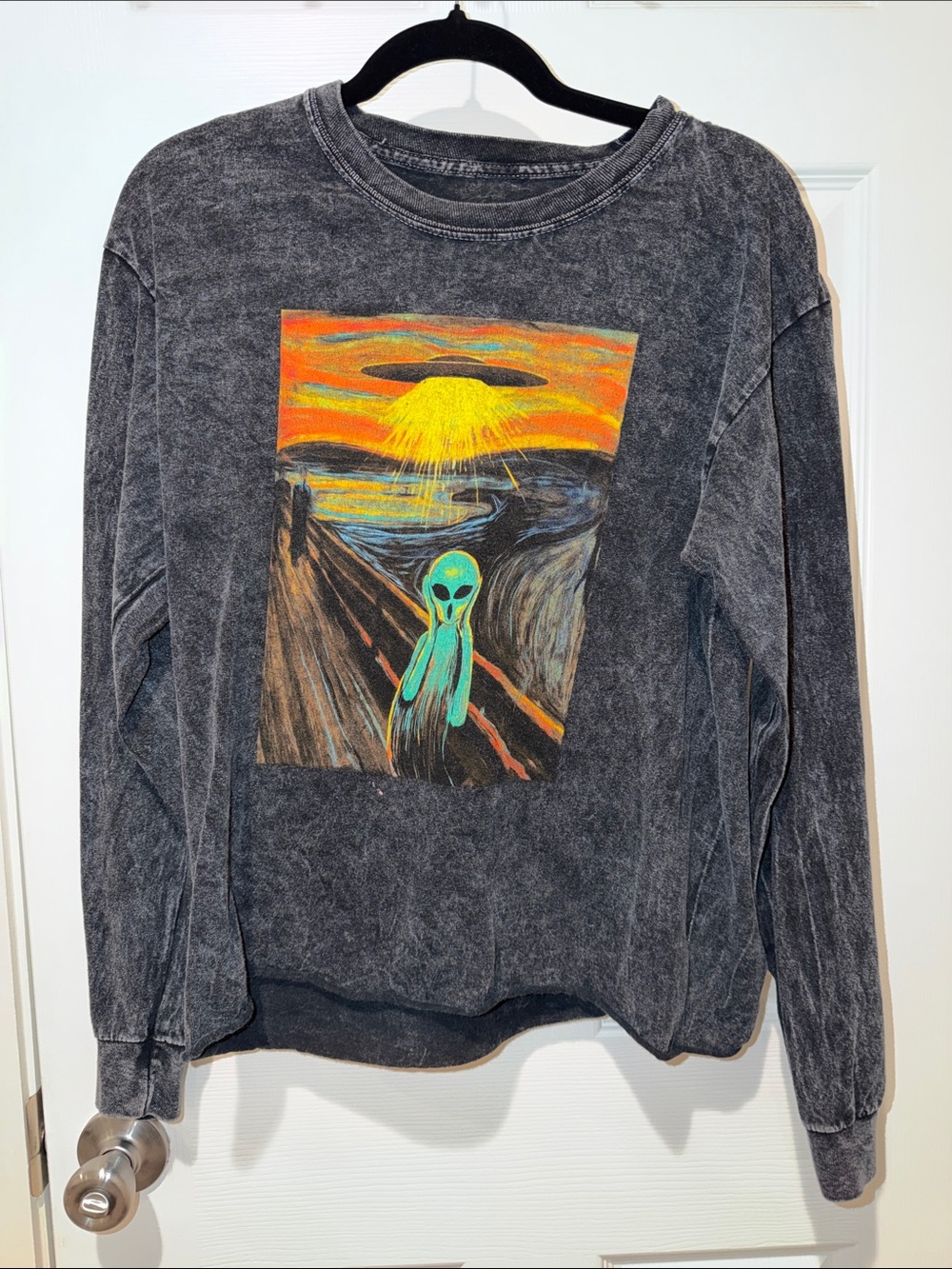 Fifth Sun Black Acid-Wash Alien Graphic Sweatshirt with Bright Sunset